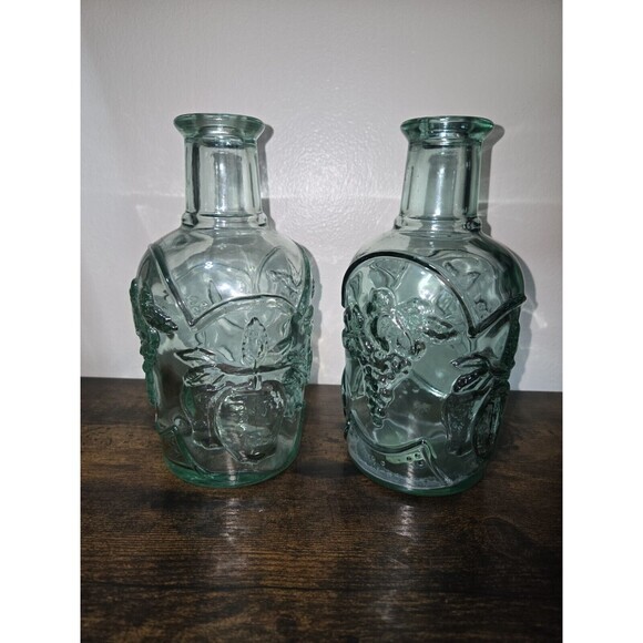 Vintage Canadian Pressed Glass Decanter Fruit Design Aqua Blue 7.5” Set of 2 - Picture 4 of 8